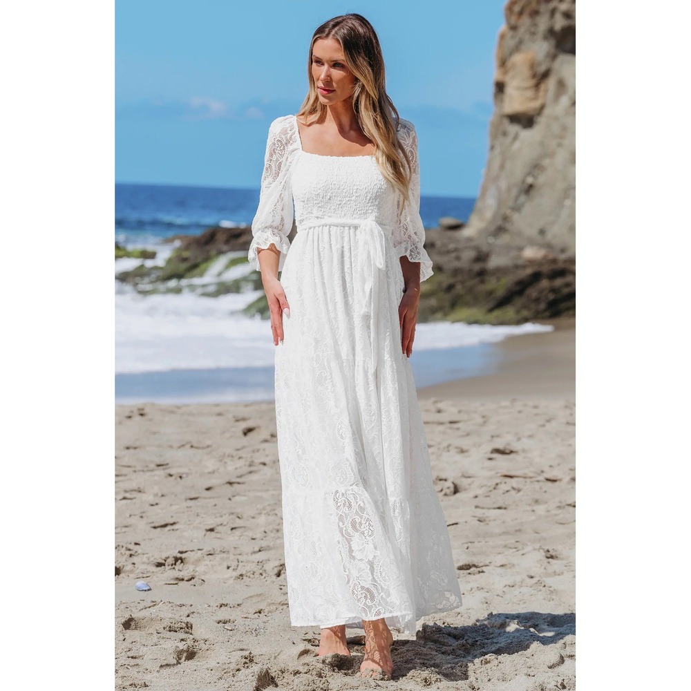 Cupshe White Floral Lace Smocked Maxi Dress